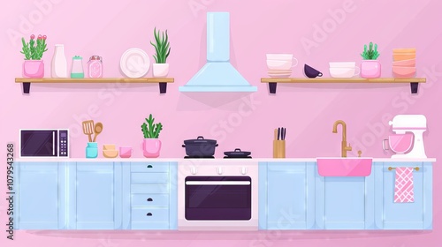 Modern pastel kitchen interior, stylish shelving and appliances, sleek cabinets and vibrant atmosphere, home decor concept