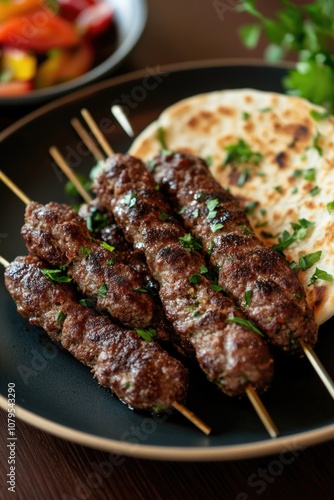 Plate of meat skewers with a side of flatbread and a bowl of vegetables. Scene is casual and inviting, as it looks like a delicious meal to share with friends or family