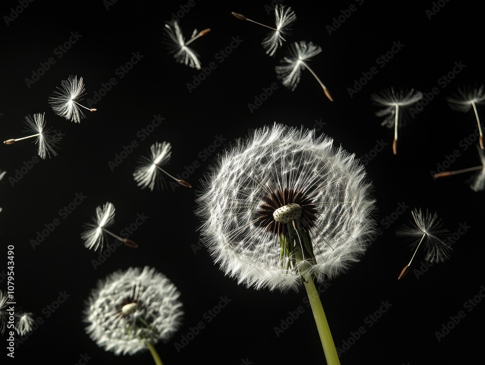 Obraz premium Close up of a dandelion with a few of its seeds floating in the air. Concept of freedom and the fleeting nature of life