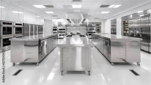 Spacious modern commercial kitchen interior with stainless steel appliances and bright clean design, professional cooking concept