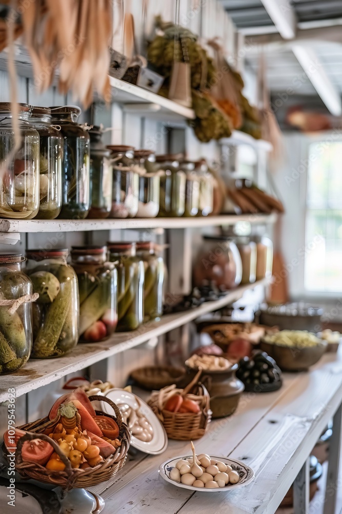 Obraz premium Preserved vegetables and condiments in rustic pantry setting on wooden shelves for culinary inspiration concept