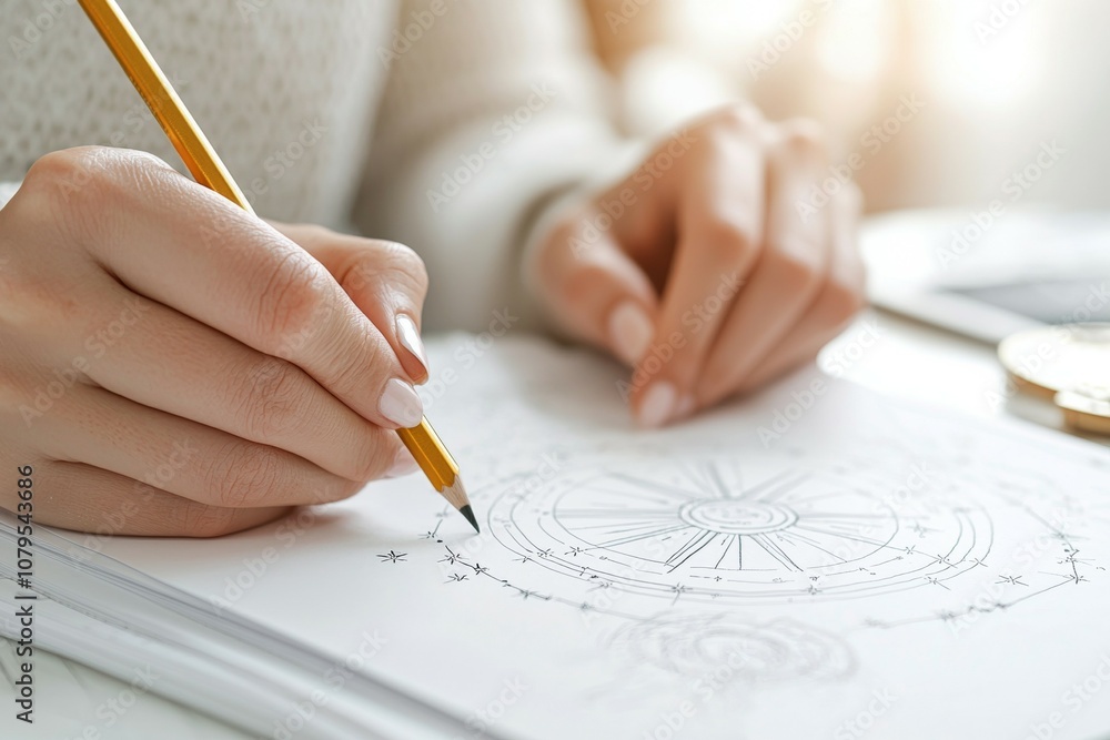 A woman is drawing a circle on a piece of paper with a pencil, astrological calculations of astrologer A woman is drawing a circle on a piece of paper with a pencil, astrological calculations of astrologer