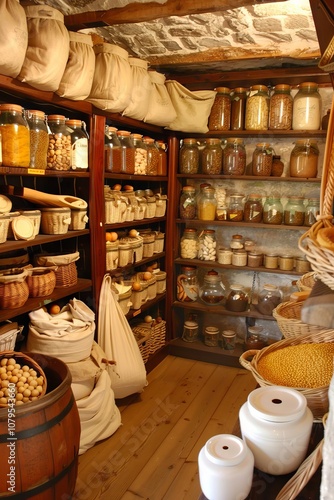 Vintage Pantry Filled with Assorted Food Jars, Baskets, Sacks on Wooden Shelves, Cozy Rustic Storage Concept