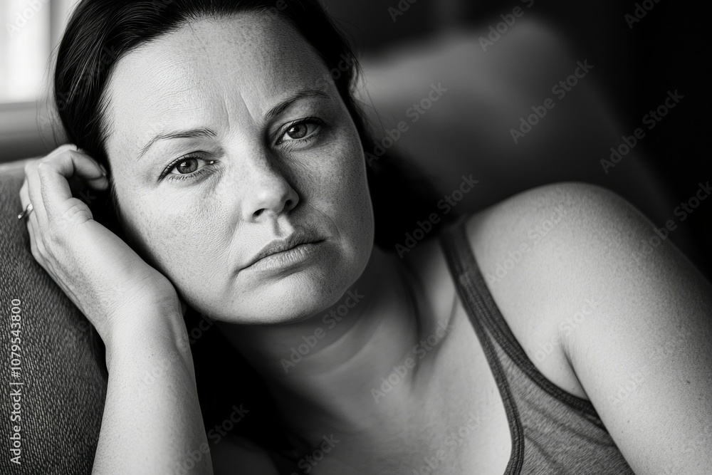 A woman is sitting on a couch with her head on her hand A woman is sitting on a couch with her head on her hand