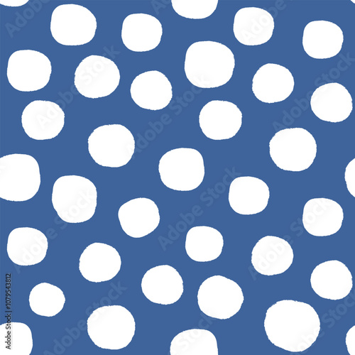 All over seamless repeat pattern with hand drawn irregular white polka dot tossed on deep dark navy blue. Universal trendy modern background with tossed dots for Christmas, coastal, swim, kids and