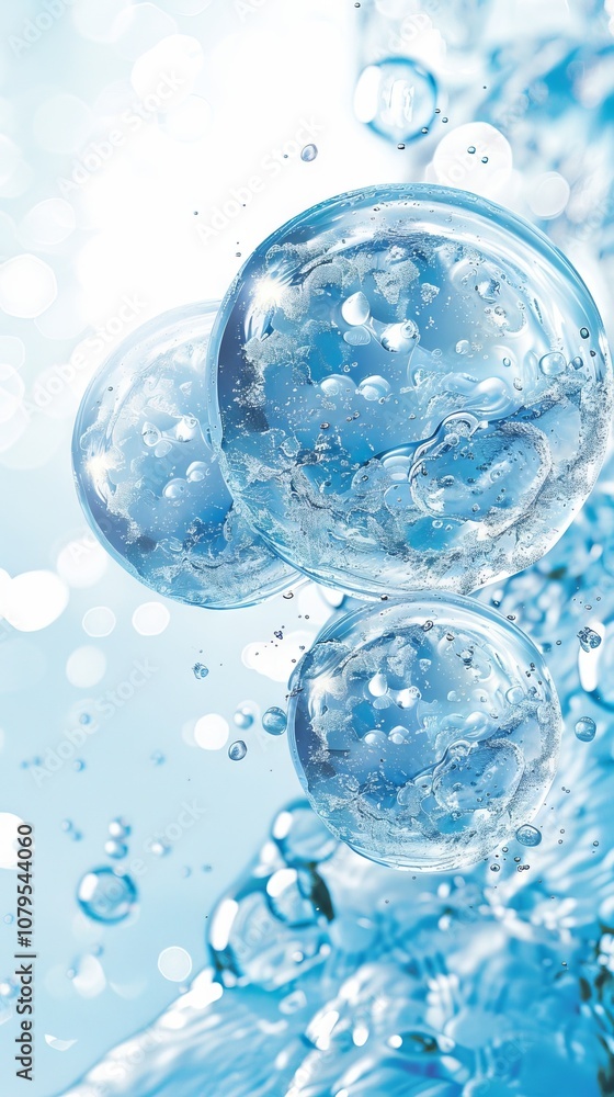 Floating translucent bubbles in clear blue liquid, reflecting light, creating mesmerizing patterns, effervescent sensation, abstract art concept Floating translucent bubbles in clear blue liquid, reflecting light, creating mesmerizing patterns, effervescent sensation, abstract art concept