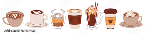 Set of cute Coffee Cups with Latte Art. Collection of coffee drinks with variety latte art heart, leaf, bear, cat, Flower. Cafe Bar or Coffee House Graphics. Vector Illustration, Icons. Isolated