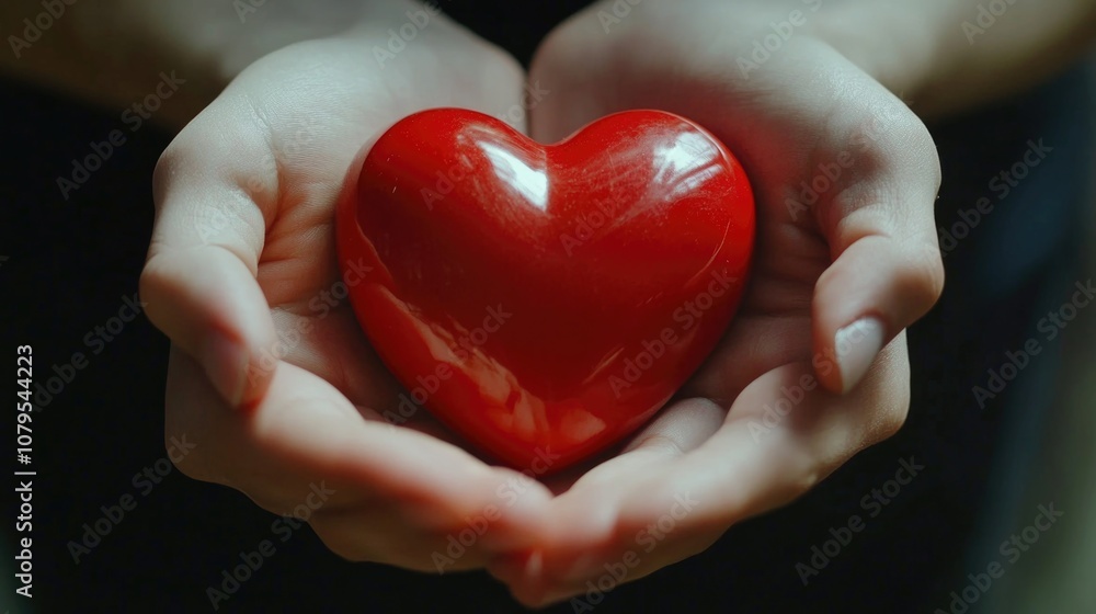 Person is holding a red heart in their hands. The heart is surrounded by a black background. Concept of love and warmth, as the person is holding the heart close to their chest Person is holding a red heart in their hands. The heart is surrounded by a black background. Concept of love and warmth, as the person is holding the heart close to their chest