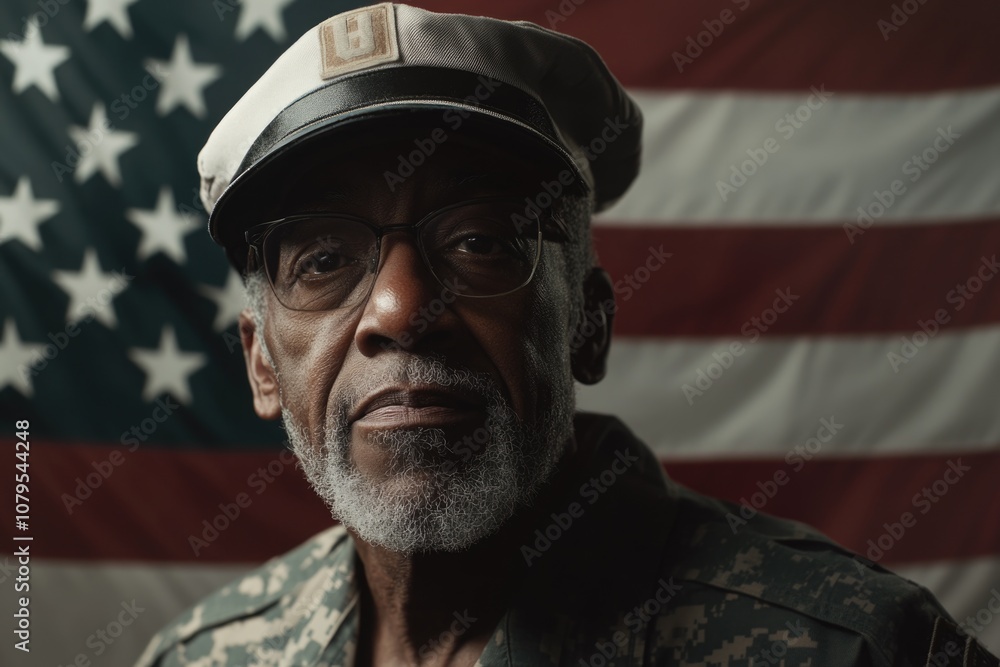 Man with a hat and glasses is standing in front of an American flag. He looks serious and focused Man with a hat and glasses is standing in front of an American flag. He looks serious and focused
