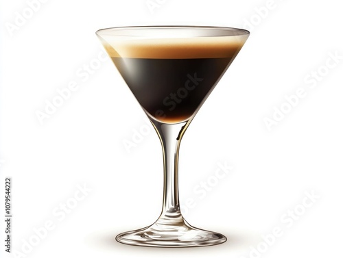 Martini glass filled with a dark liquid. The glass is almost full, with only a small amount of liquid left at the top. The drink appears to be a martini, as it is served in a martini glass