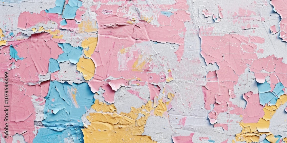 Wall with a colorful, peeling paint job. The colors are pink, yellow, and blue Wall with a colorful, peeling paint job. The colors are pink, yellow, and blue