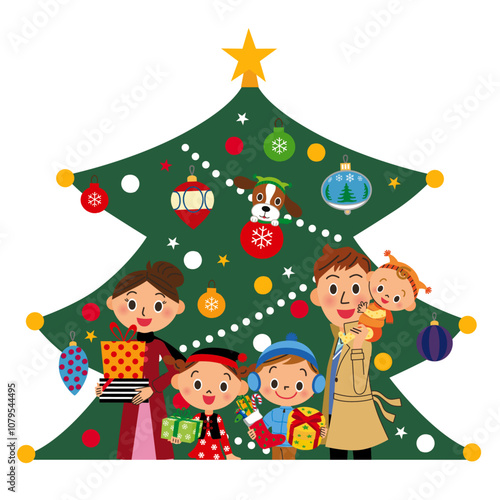 クリスマスツリーの前にクリスマスを楽しむ家族