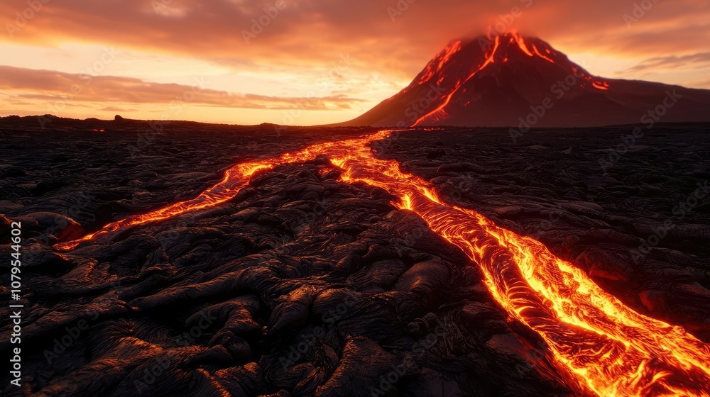 Naklejka premium Lava flowing from a volcano at sunset, showcasing natural geological beauty.