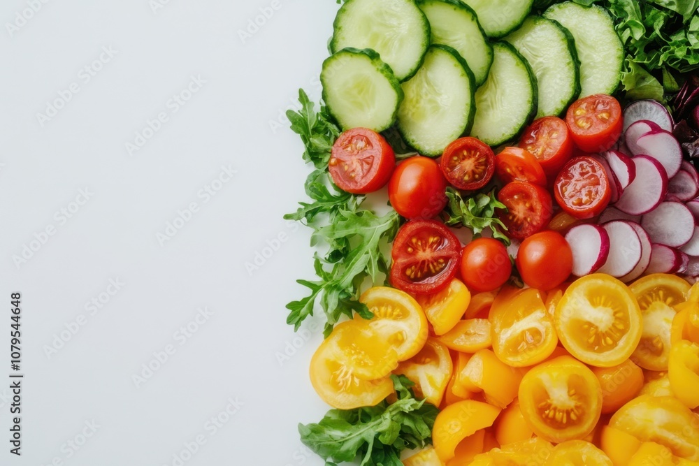 Fresh sliced vegetables arranged in a rainbow pattern on a white background. Fresh sliced vegetables arranged in a rainbow pattern on a white background.
