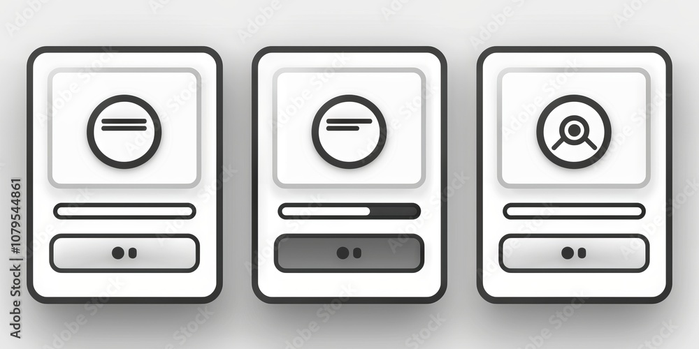 Minimalist UI Dashboard Design with Three Icon Panels and Monochrome Style, user interface concept Minimalist UI Dashboard Design with Three Icon Panels and Monochrome Style, user interface concept