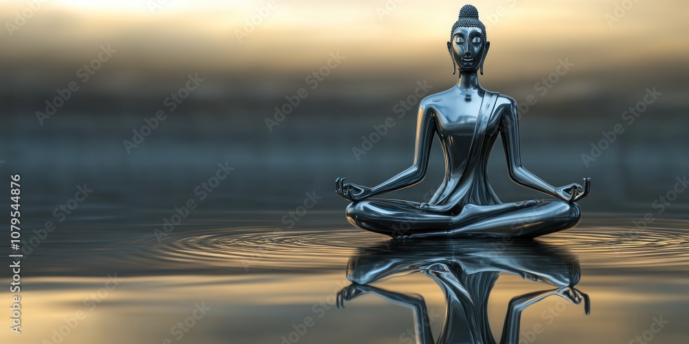 A serene metallic Buddha statue meditates on reflective water, symbolizing peace and mindfulness. A serene metallic Buddha statue meditates on reflective water, symbolizing peace and mindfulness.