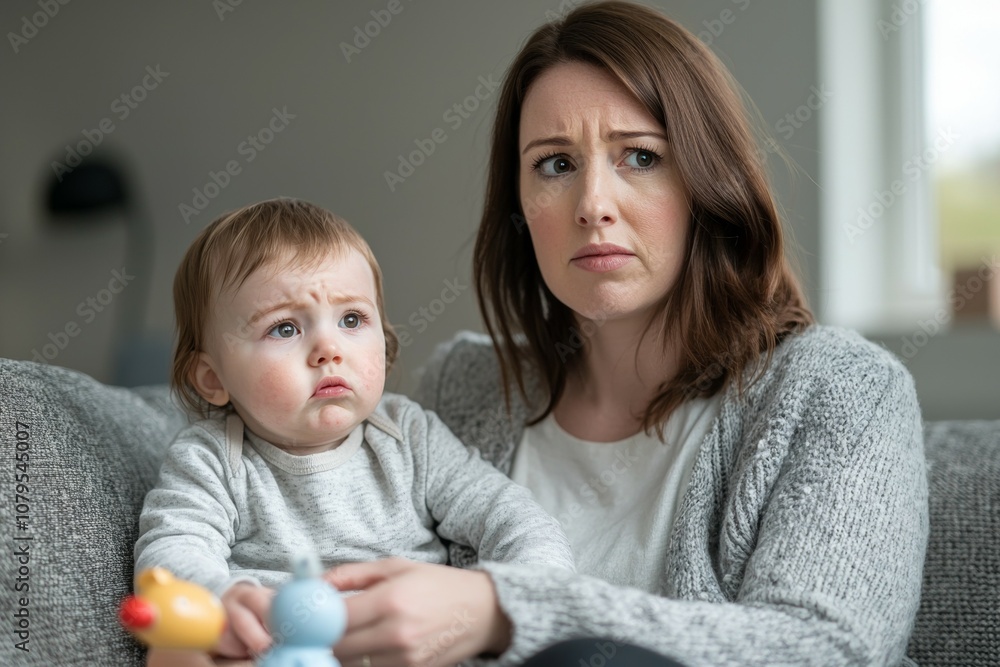 A woman is holding a baby and looking at something on the television A woman is holding a baby and looking at something on the television