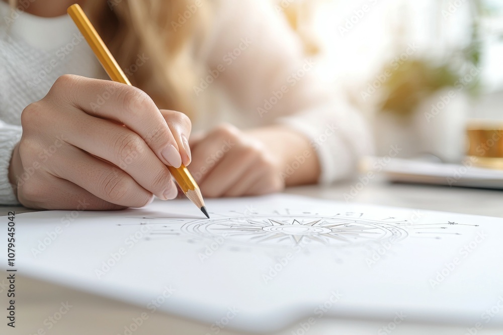 A woman is drawing a circle on a piece of paper with a pencil, astrological calculations of astrologer A woman is drawing a circle on a piece of paper with a pencil, astrological calculations of astrologer