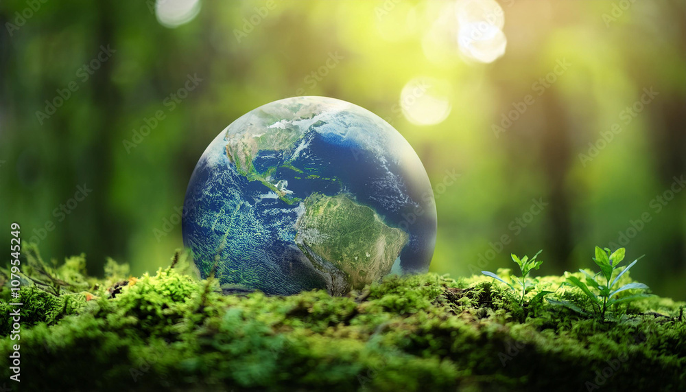 banner of globe on moss in a forest - environment concept, space for text banner of globe on moss in a forest - environment concept, space for text