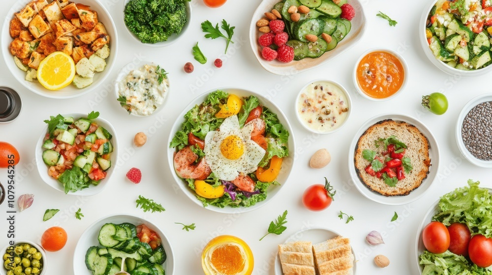 Many different healthy food on white table, flat lay Many different healthy food on white table, flat lay