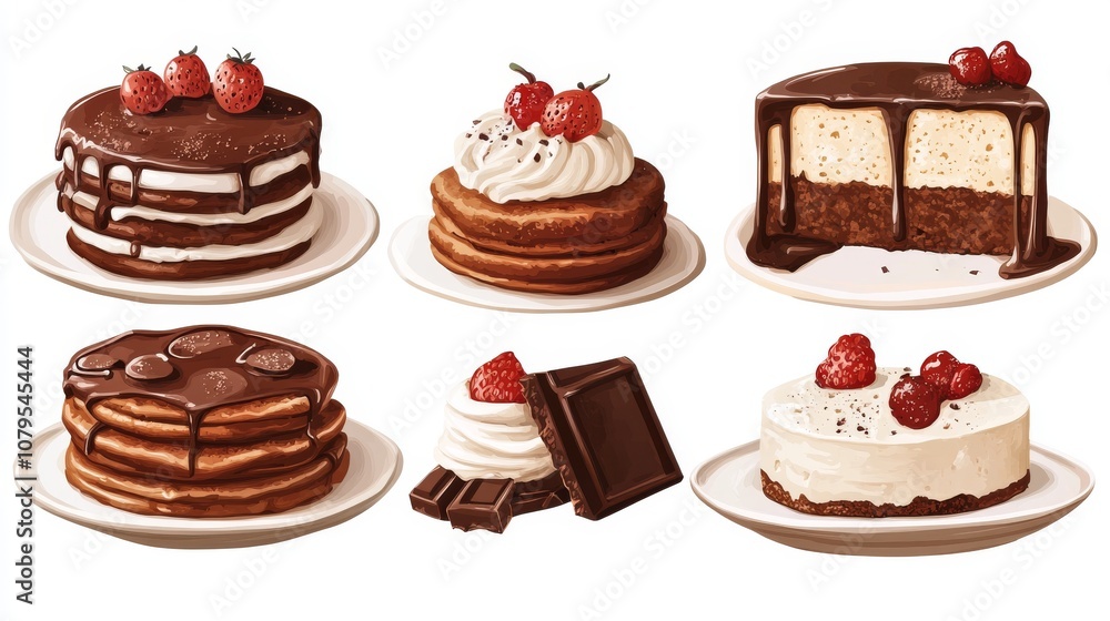 Set of sweets and desserts .chocolate pancakes, cheesecakes and chocolate slice cake. Set of sweets and desserts .chocolate pancakes, cheesecakes and chocolate slice cake.