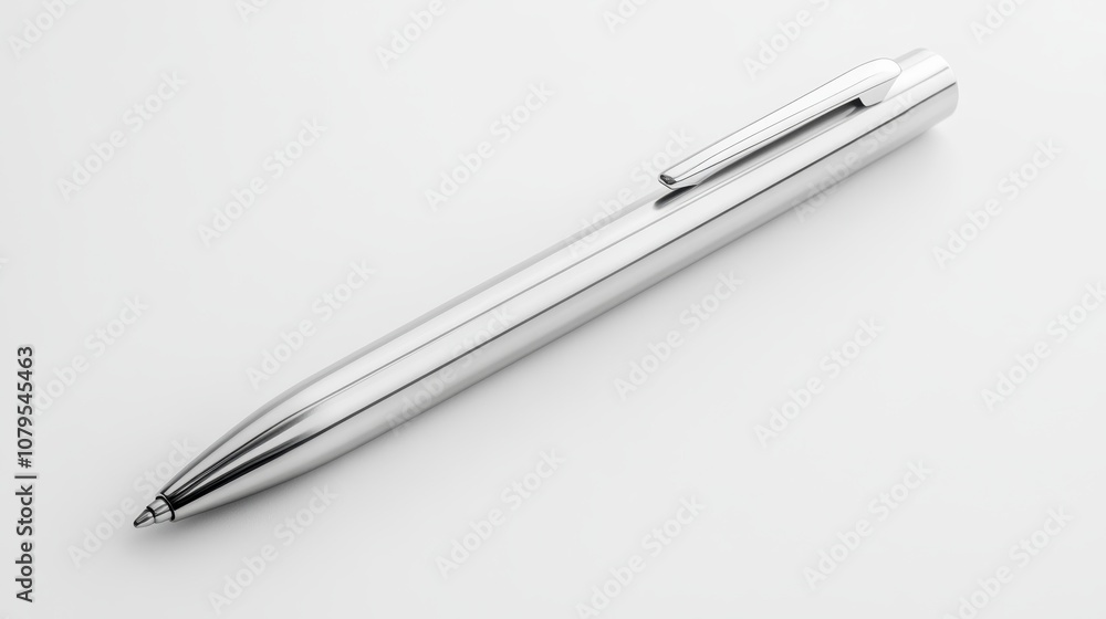 Closeup of a Silver Ballpoint Pen on a White Background. Closeup of a Silver Ballpoint Pen on a White Background.