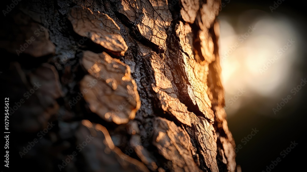 Close-up texture of tree bark with golden light highlights, isolated on dark background.