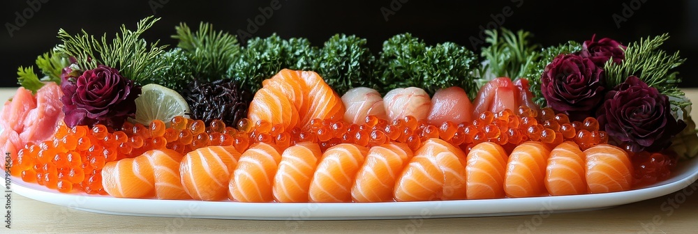 Exquisite sashimi platter artfully arranged, vibrant garnishes, a feast for the senses, fresh seafood delicacies, culinary elegance on display Exquisite sashimi platter artfully arranged, vibrant garnishes, a feast for the senses, fresh seafood delicacies, culinary elegance on display