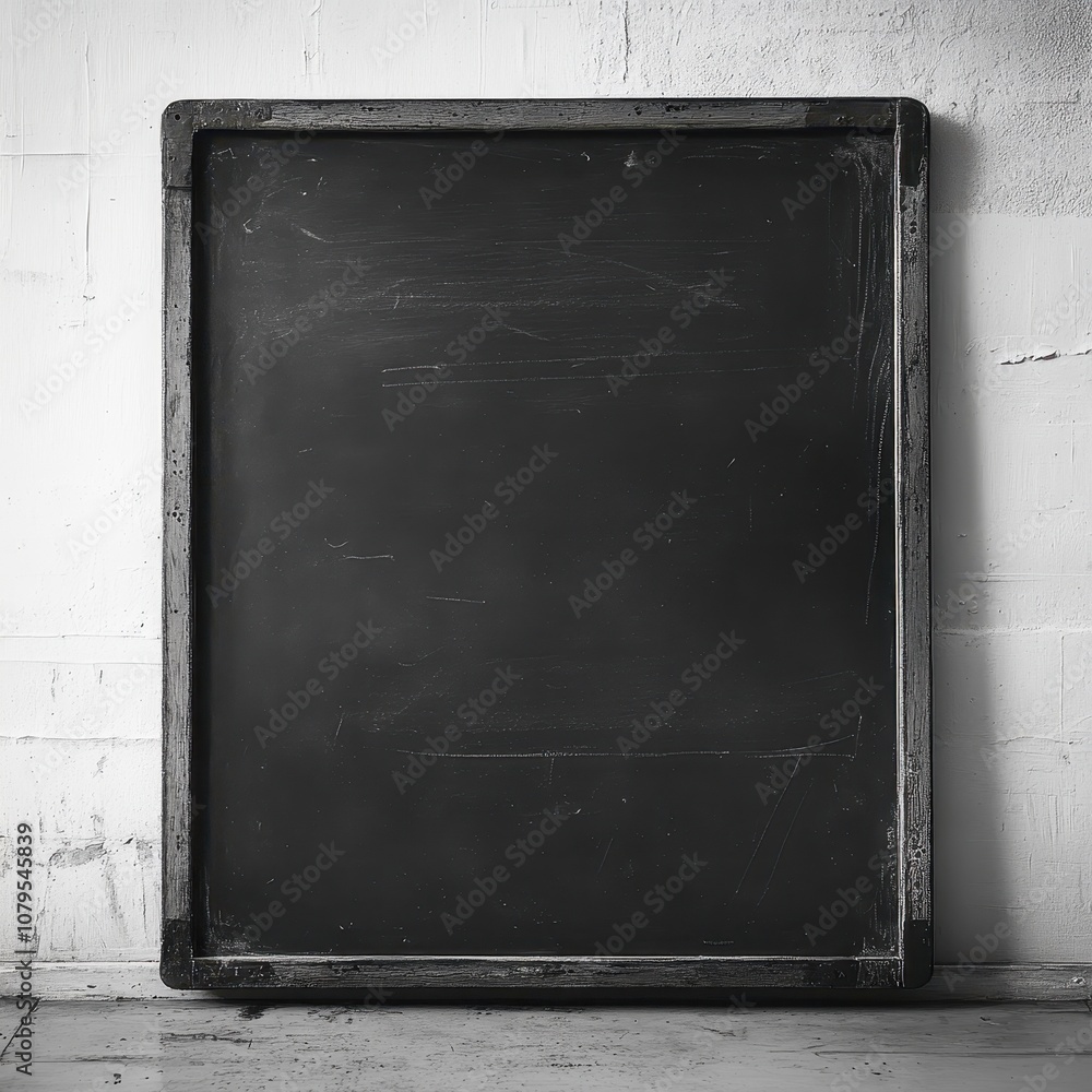 Fototapeta premium Black Chalkboard with Wooden Frame on White Brick Wall Background.