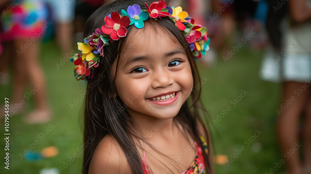 Little girl with paper flower crown in Spring Festival Little girl with paper flower crown in Spring Festival