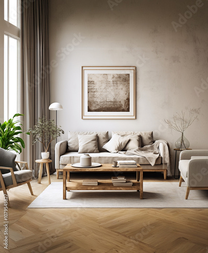 Modern interior japandi style design livingroom. Lighting and sunny scandinavian apartment with plaster and wood. 3d render illustration.