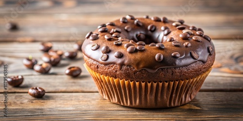 Chocolate muffin donut with chocolate drops that appear to be melting, chocolate, muffin, donut, drops, melt, sweet