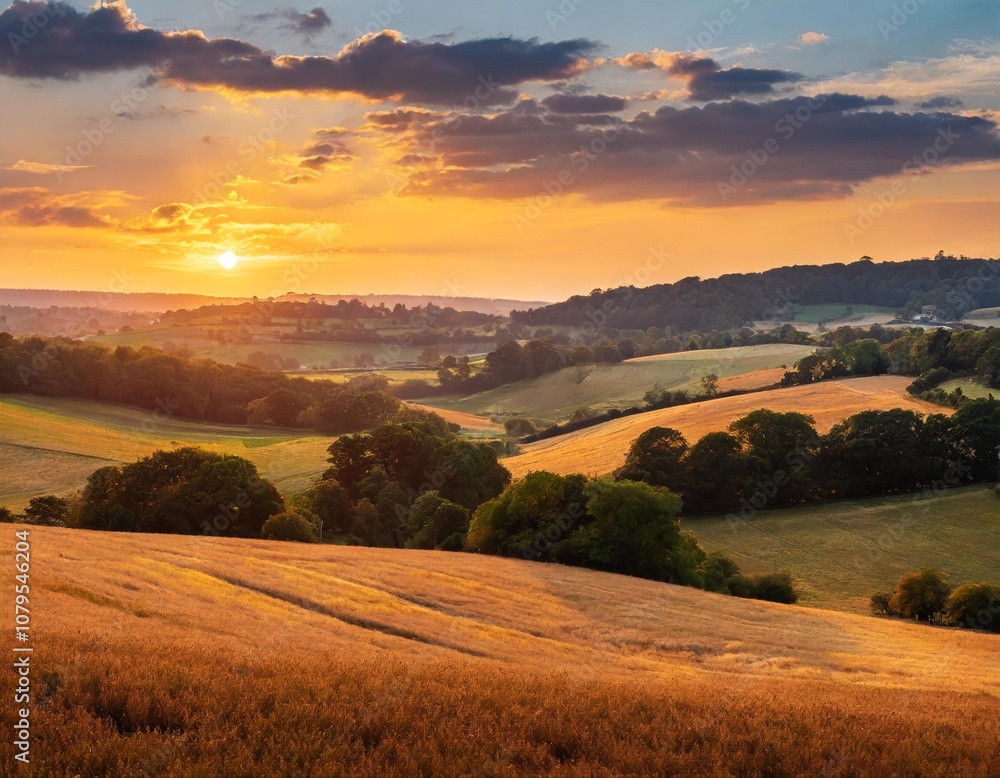 Fototapeta premium Sunset Over Rolling Hills of Golden Fields, Captured With a Vibrant Sky and Layers of Trees in the Distance for a Scenic Nature Landscape