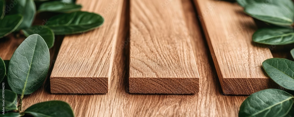 Wooden planks surrounded by lush green leaves on a rustic table. Wooden planks surrounded by lush green leaves on a rustic table.
