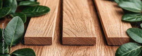 Wooden planks surrounded by lush green leaves on a rustic table.