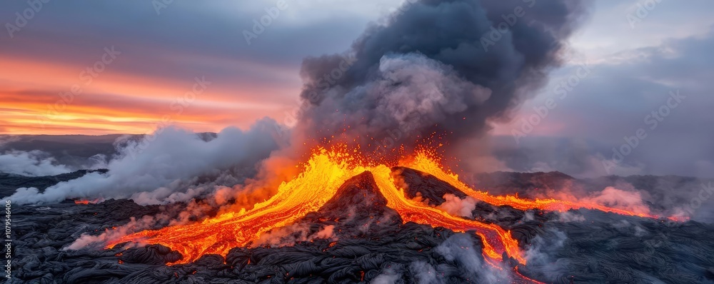 Fototapeta premium Majestic volcano erupting, vibrant lava flow against dramatic sunset sky.