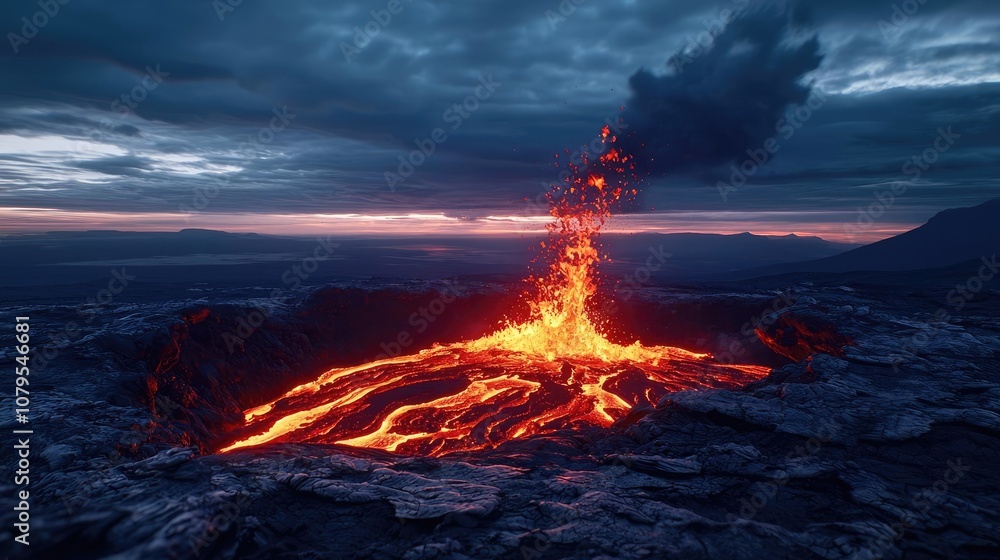 Erupting volcano with lava flow against dramatic dark sky. Erupting volcano with lava flow against dramatic dark sky.