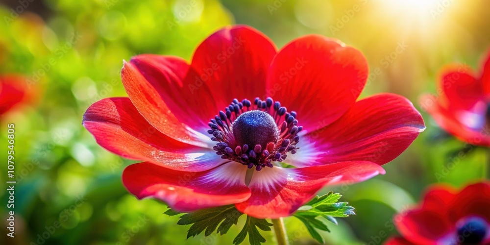 Vibrant close-up shot of a red Anemone coronaria flower on a sunny day, blooming, botanical, garden, flora, petals Vibrant close-up shot of a red Anemone coronaria flower on a sunny day, blooming, botanical, garden, flora, petals