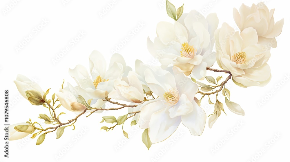 Fototapeta premium A Branch of White Magnolia Blossoms and Buds