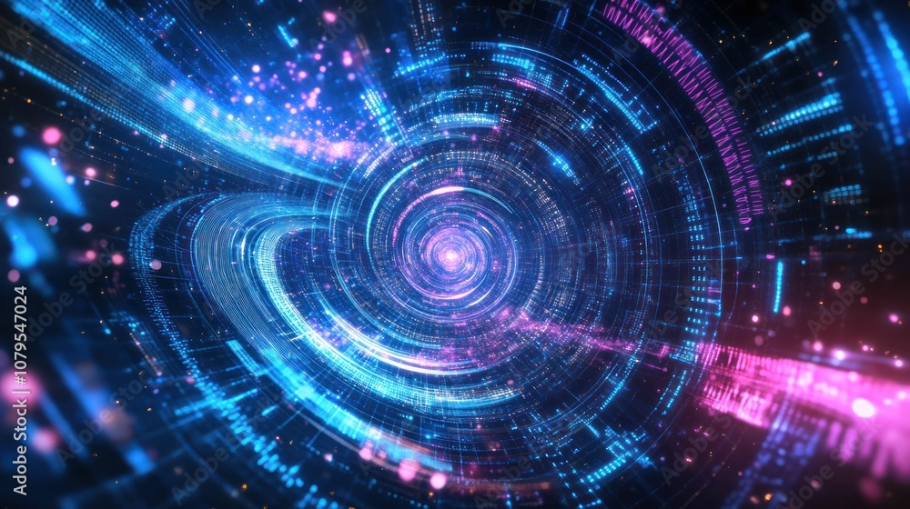 Abstract swirling blue and pink glowing digital tunnel with bright light at center. Abstract swirling blue and pink glowing digital tunnel with bright light at center.