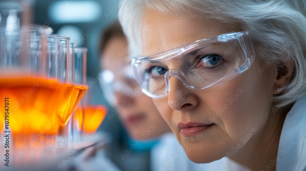 Focused Scientist in Lab: A female scientist, wearing safety glasses, intensely studies a vibrant orange liquid in a beaker. The image evokes a sense of curiosity, precision. Focused Scientist in Lab: A female scientist, wearing safety glasses, intensely studies a vibrant orange liquid in a beaker. The image evokes a sense of curiosity, precision.