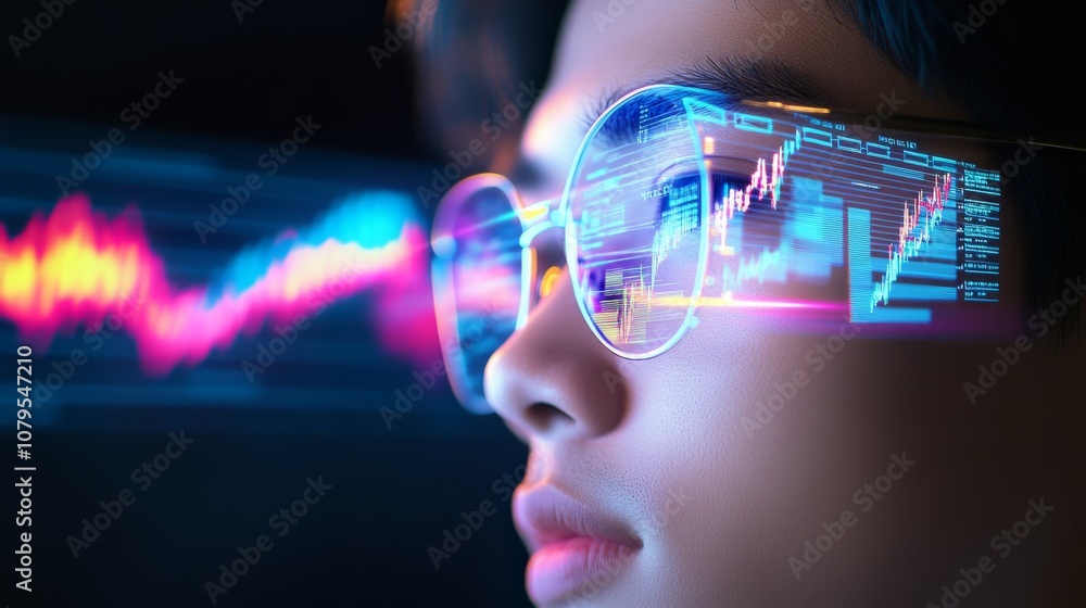 Vision of the Future: A young woman peers into the future through augmented reality glasses, with data and graphs projected onto the lenses. Vision of the Future: A young woman peers into the future through augmented reality glasses, with data and graphs projected onto the lenses.