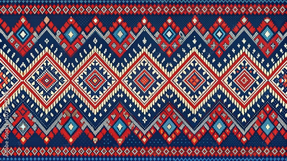 Traditional blue and red ikat motif design with intricate geometric patterns , ikat, traditional, blue, red, motif, design Traditional blue and red ikat motif design with intricate geometric patterns , ikat, traditional, blue, red, motif, design