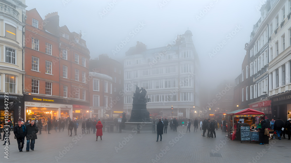 Fototapeta premium Foggy day in a city with people walking around