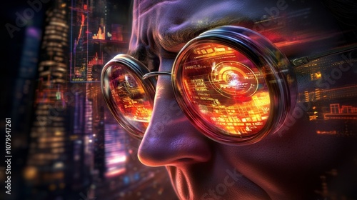 Cyberpunk Visionary: A close-up shot of a man's face wearing futuristic glasses that reflect a glowing cityscape, conveying a sense of mystery, technology, and a glimpse into the future.