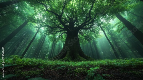 A majestic old tree with thick branches and roots in a misty forest.