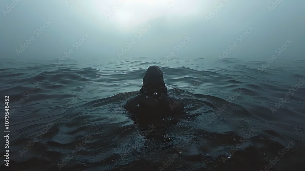 Fototapeta premium A person is swimming in the ocean in the middle of a foggy day