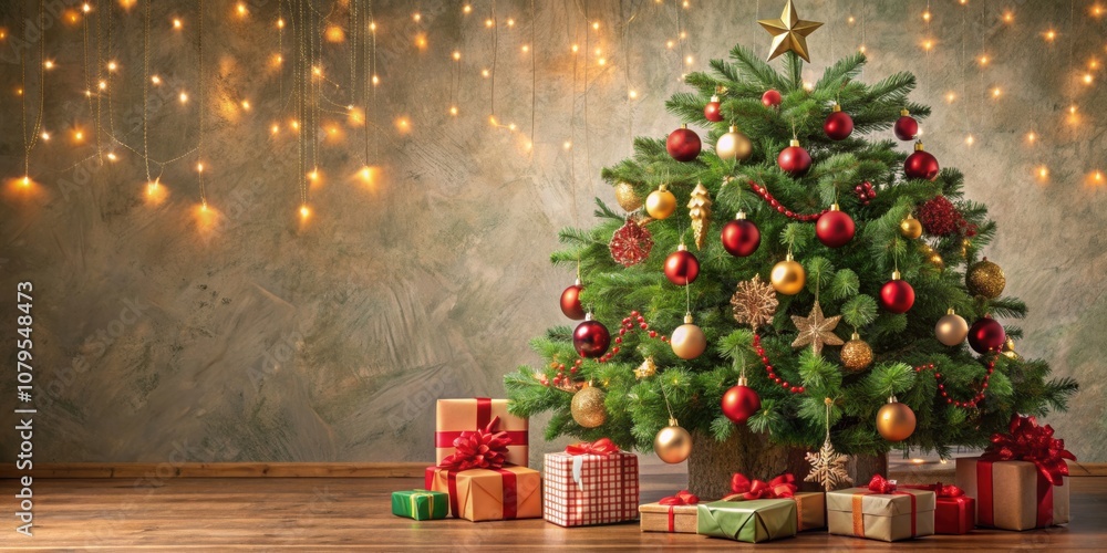 Festive Christmas decorations and gifts hanging on a tree, Christmas, ornaments, holiday, celebration, festive, seasonal Festive Christmas decorations and gifts hanging on a tree, Christmas, ornaments, holiday, celebration, festive, seasonal
