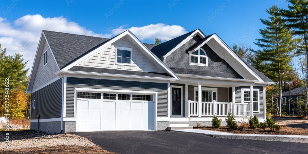Stunning new home exterior with two-car garage suburban neighborhood residential architecture clear sky front view modern design for seo impact Stunning new home exterior with two-car garage suburban neighborhood residential architecture clear sky front view modern design for seo impact
