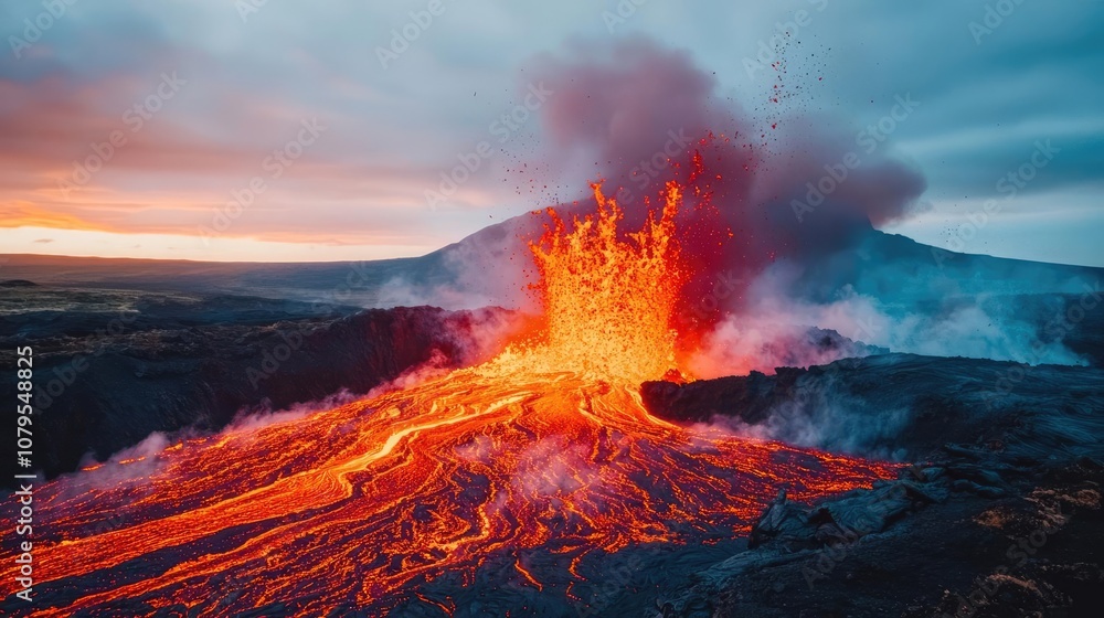 Erupting volcano at sunset with flowing lava and smoky skies. Erupting volcano at sunset with flowing lava and smoky skies.
